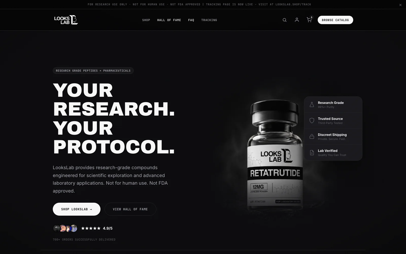 The LooksLab storefront: a dark home page with the catalog and the compliance notice across the top