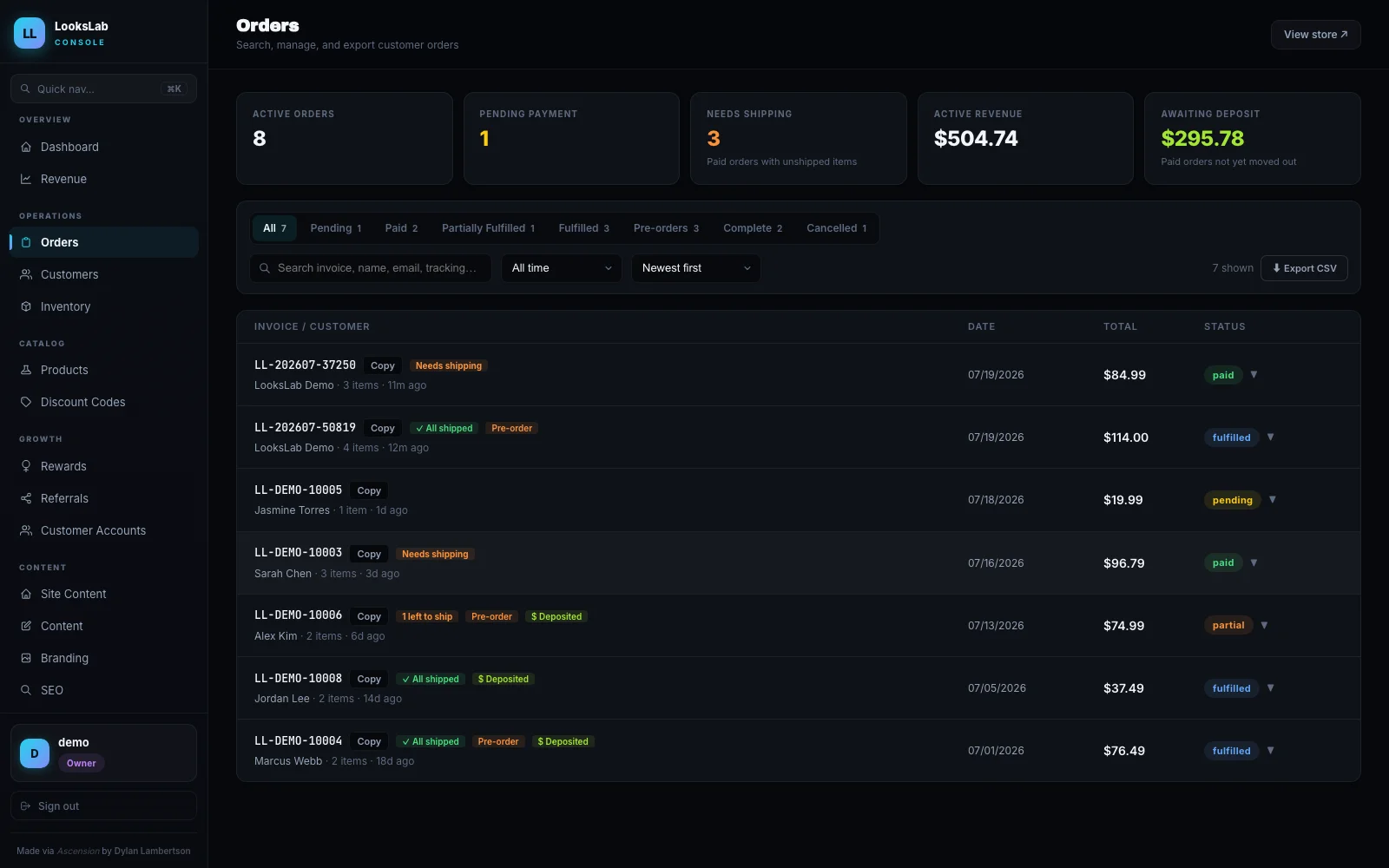 The orders tab of the LooksLab console, listing invoices by payment and fulfilment state