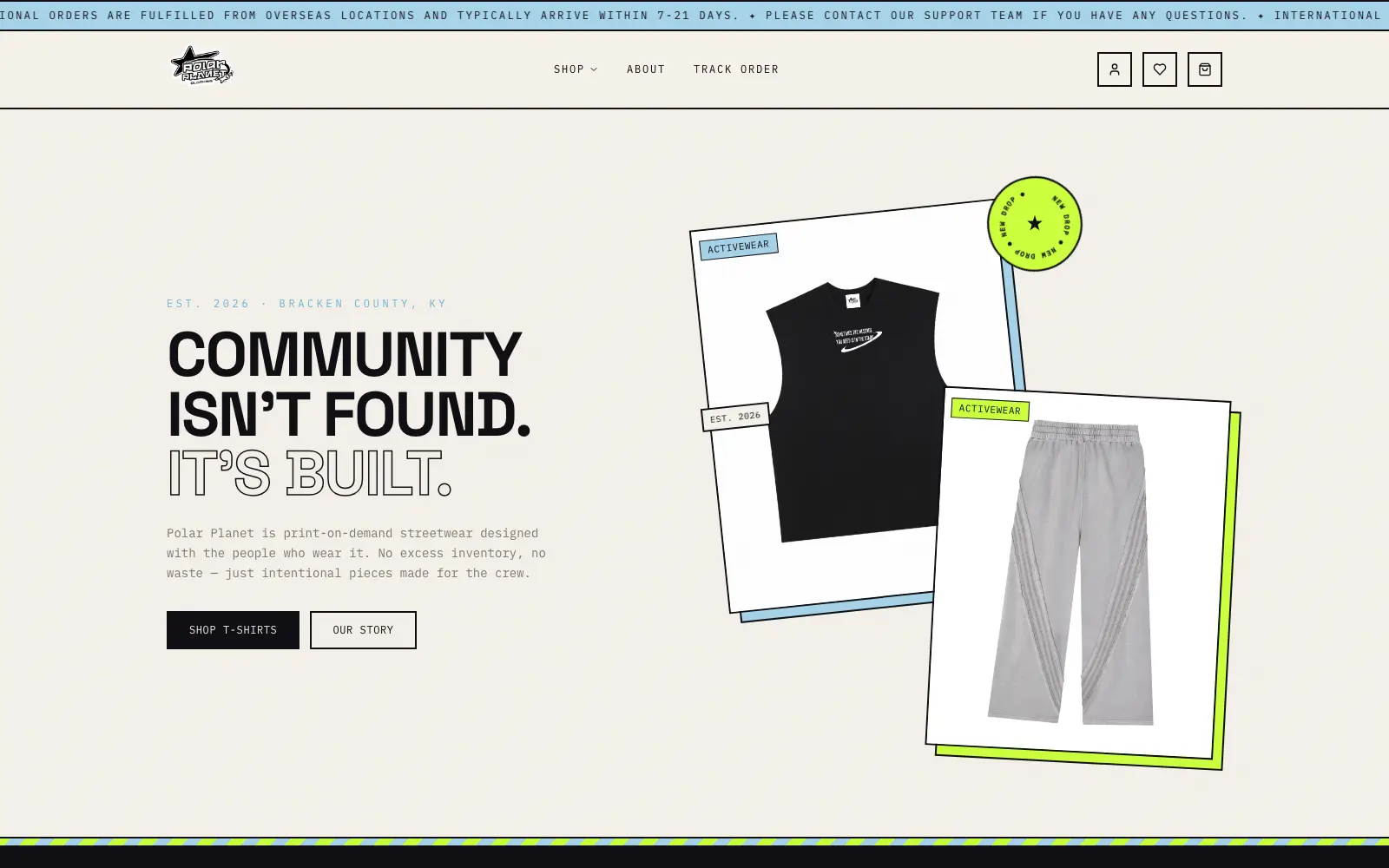The Polar Planet storefront: a bright brutalist home page with two product cards and a drop badge